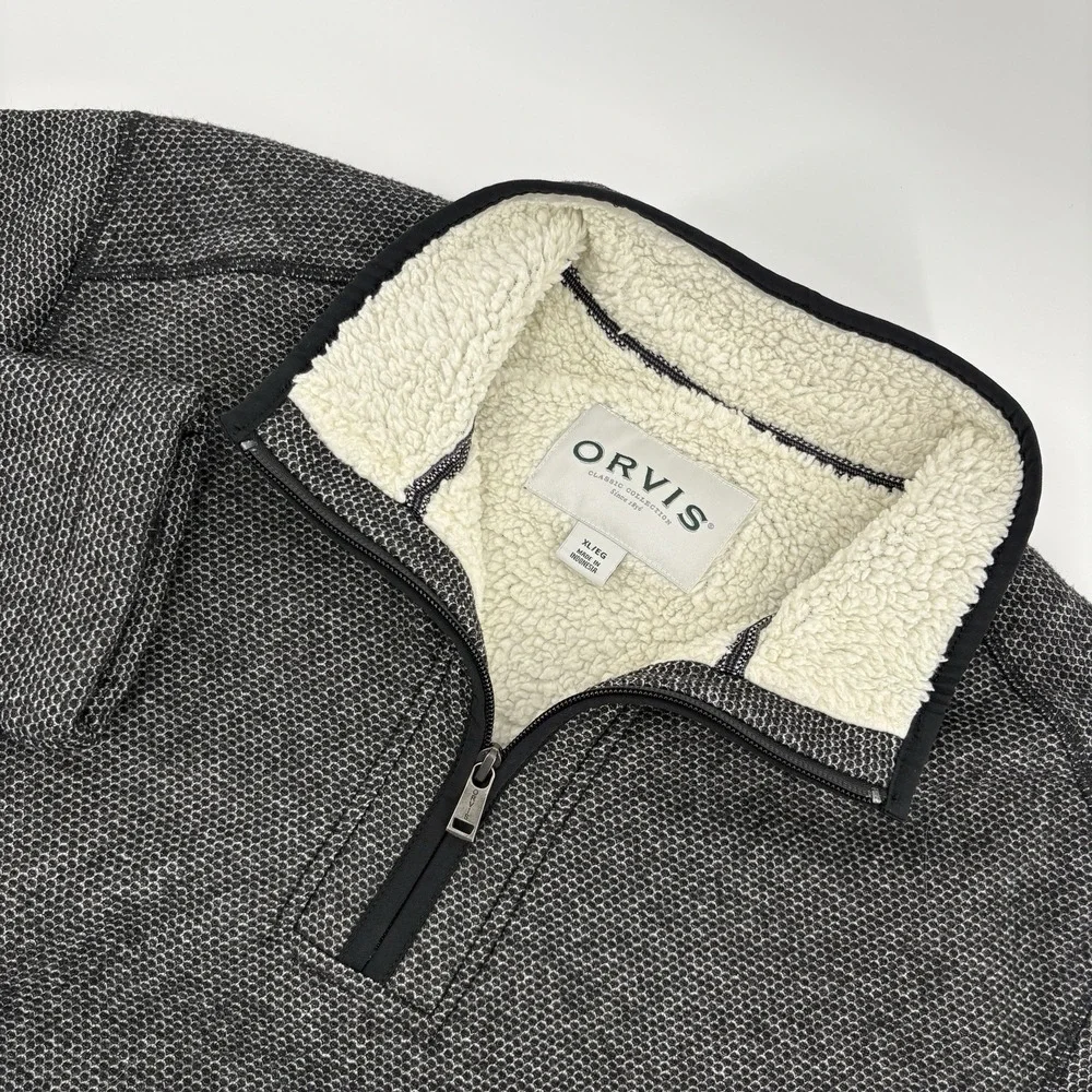 Orvis 1/4 Zip Pullover Brighton 1526440 Sherpa Lined Pocket Grey Sweater Mens XL
